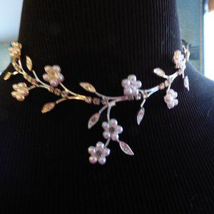 SILVER ELECTRO PLATED CZ & FRESHWATER PEARL FLORAL NECKLACE GOTH WEDDING FAIRY